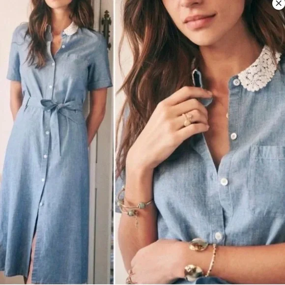 Sezane  Alex Lace Collar Linen Cotton Midi Shirt Dress  Size 38/6 - Picture 2 of 10